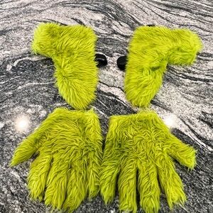 Grinch Costume.  Pants, Hat, Gloves, Shoe Covers, Glasses & Makeup